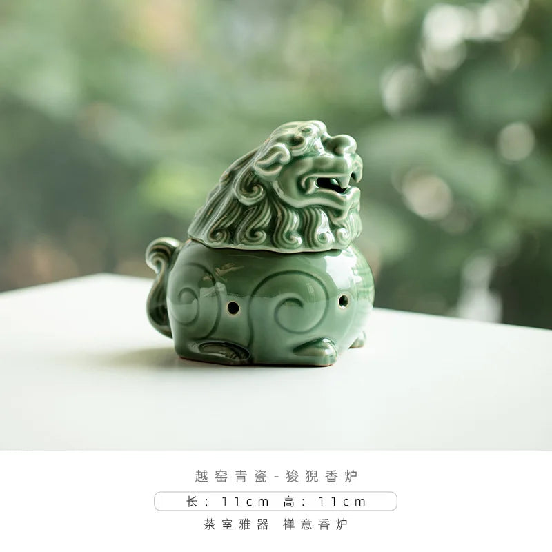 【越窯青瓷 狻猊(スンニ)香炉|手作り青翠釉の陶器】中国お香 香炉 陶器 お香立て 癒し 瞑想 ヨガ リラックス ギフト