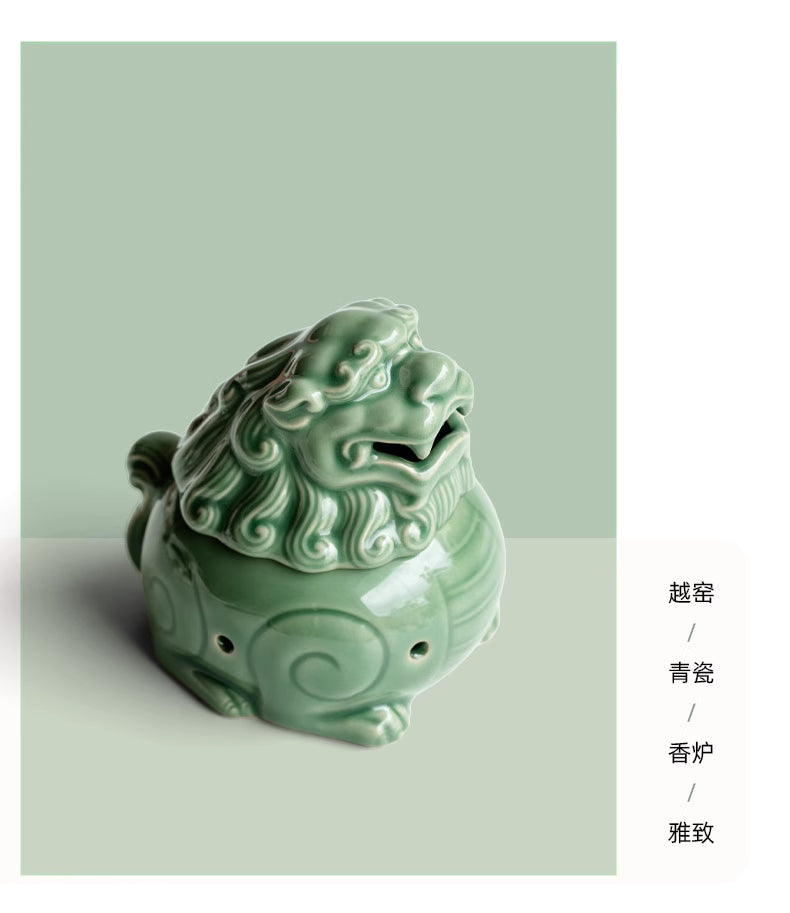 【越窯青瓷 狻猊（スンニ）香炉｜手作り青翠釉の陶器】中国お香 香炉 陶器　お香立て 癒し 瞑想 ヨガ リラックス ギフト