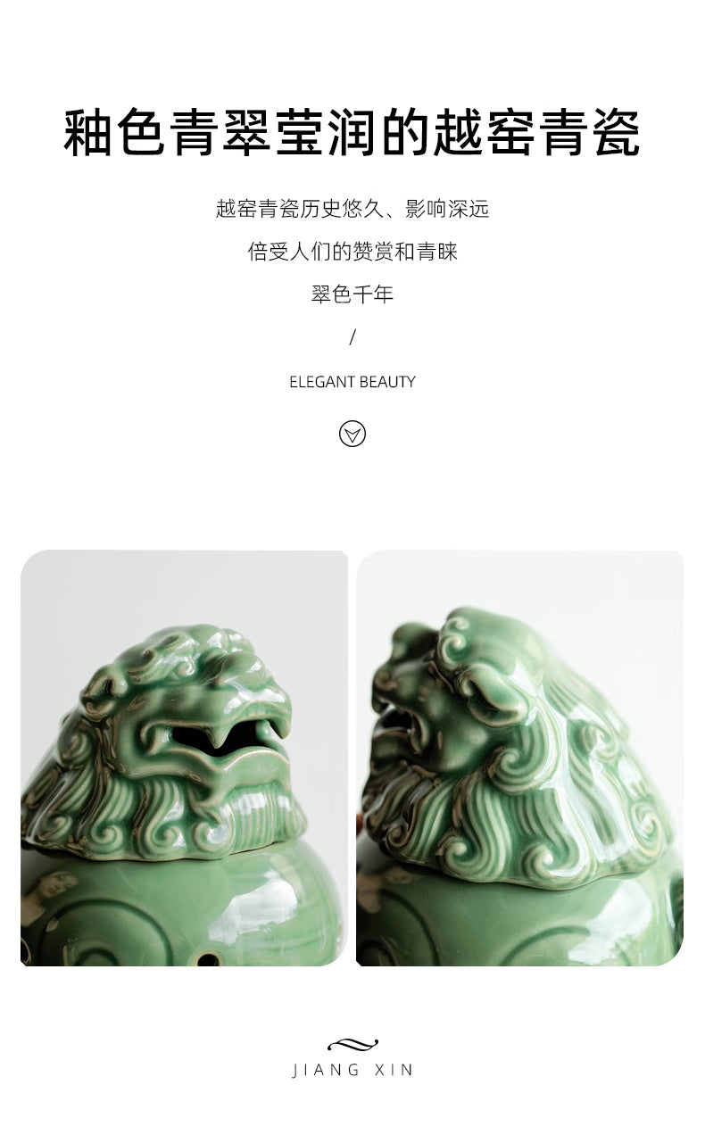【越窯青瓷 狻猊（スンニ）香炉｜手作り青翠釉の陶器】中国お香 香炉 陶器　お香立て 癒し 瞑想 ヨガ リラックス ギフト