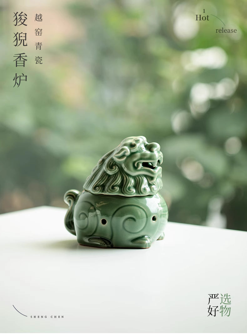 【越窯青瓷 狻猊（スンニ）香炉｜手作り青翠釉の陶器】中国お香 香炉 陶器　お香立て 癒し 瞑想 ヨガ リラックス ギフト