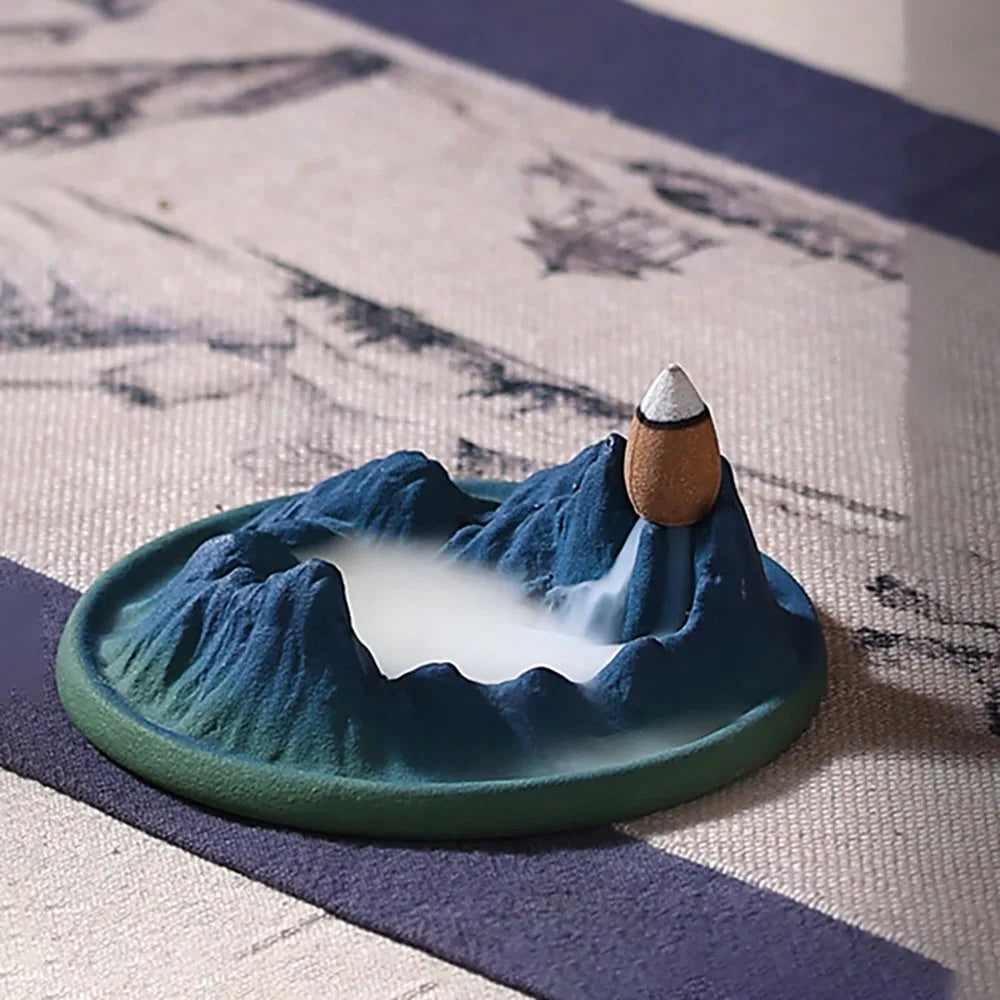 【千里江山・湖 香炉｜倒流香と線香対応・山水デザインの陶器香具】中国お香 香炉 陶器　お香立て 癒し 瞑想 ヨガ リラックス ギフト