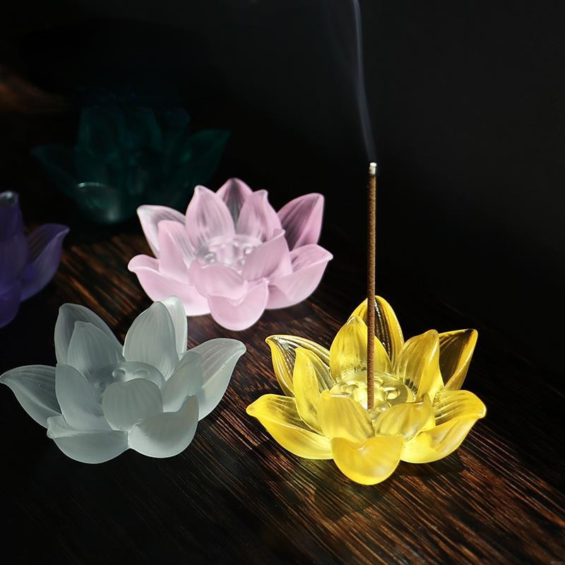【硝子の蓮香炉 Grass lotus flower Incense Holder】中国お香 お香立て 癒し 瞑想 ヨガ リラックス 禅 透明 香炉 ロータス