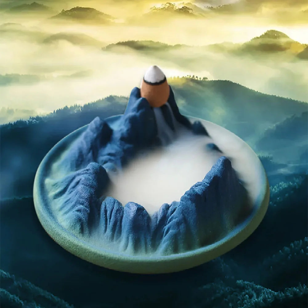 【千里江山・湖 香炉｜倒流香と線香対応・山水デザインの陶器香具】中国お香 香炉 陶器　お香立て 癒し 瞑想 ヨガ リラックス ギフト