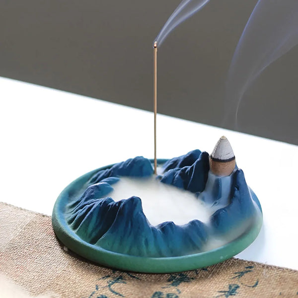 千里江山・湖 香炉｜倒流香と線香対応・山水デザインの陶器香具】中国