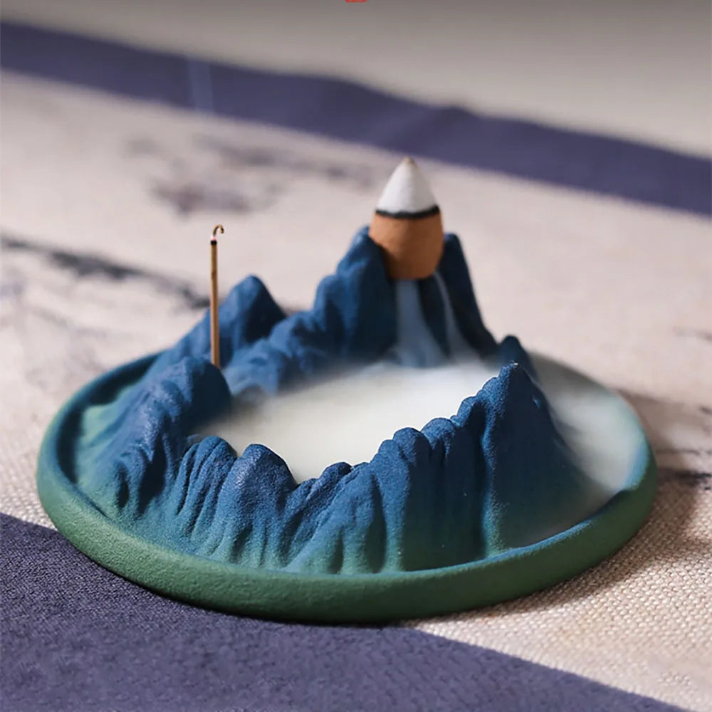 【千里江山・湖 香炉｜倒流香と線香対応・山水デザインの陶器香具】中国お香 香炉 陶器　お香立て 癒し 瞑想 ヨガ リラックス ギフト