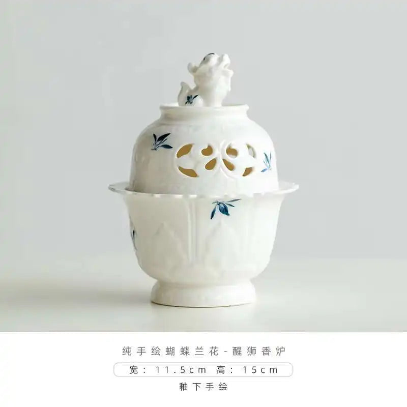 【瑞獅｜手描き白磁香炉】蘭花文様　中国お香 香炉 陶器　お香立て 癒し 瞑想 ヨガ リラックス ギフト