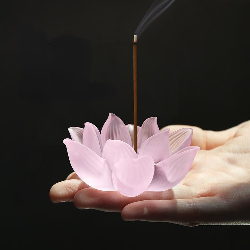 【硝子の蓮香炉 Grass lotus flower Incense Holder】中国お香 お香立て 癒し 瞑想 ヨガ リラックス 禅 透明 香炉 ロータス